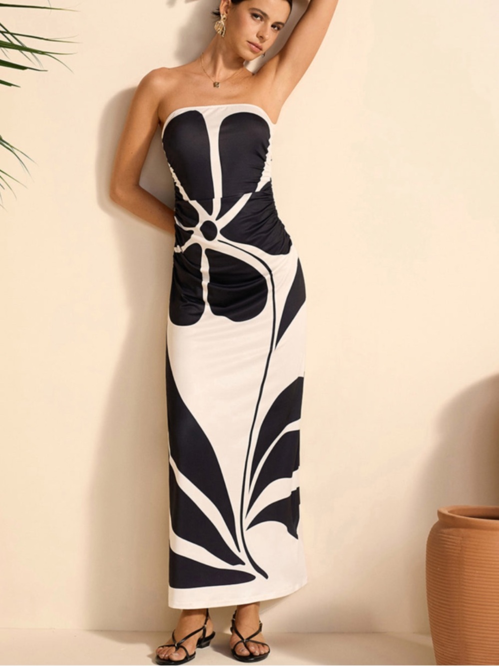 Commense Flower Graphic Print Semi-Sheer Strapless Floral Dress Black & White